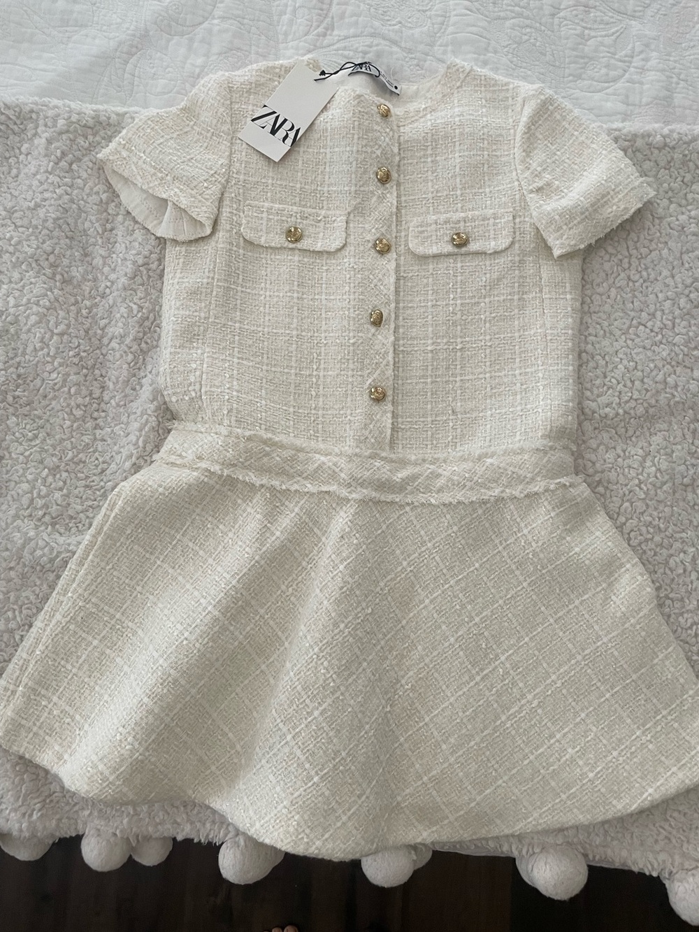 Zara Cream Tweed Short-Sleeve Dress with Gold Buttons Small